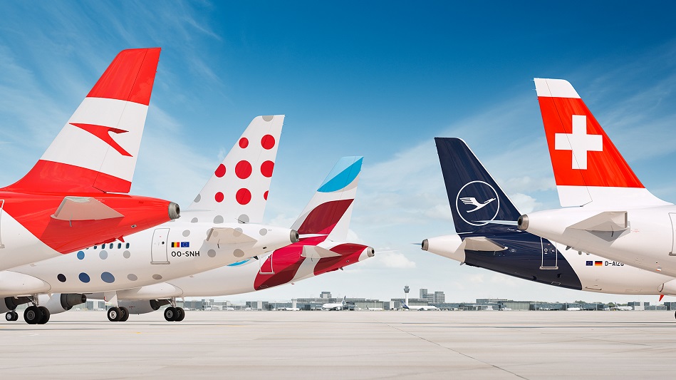 Flugzeug Tails mit den Liveries von Austrian, Brussels, Eurowings, Lufthansa und Swiss